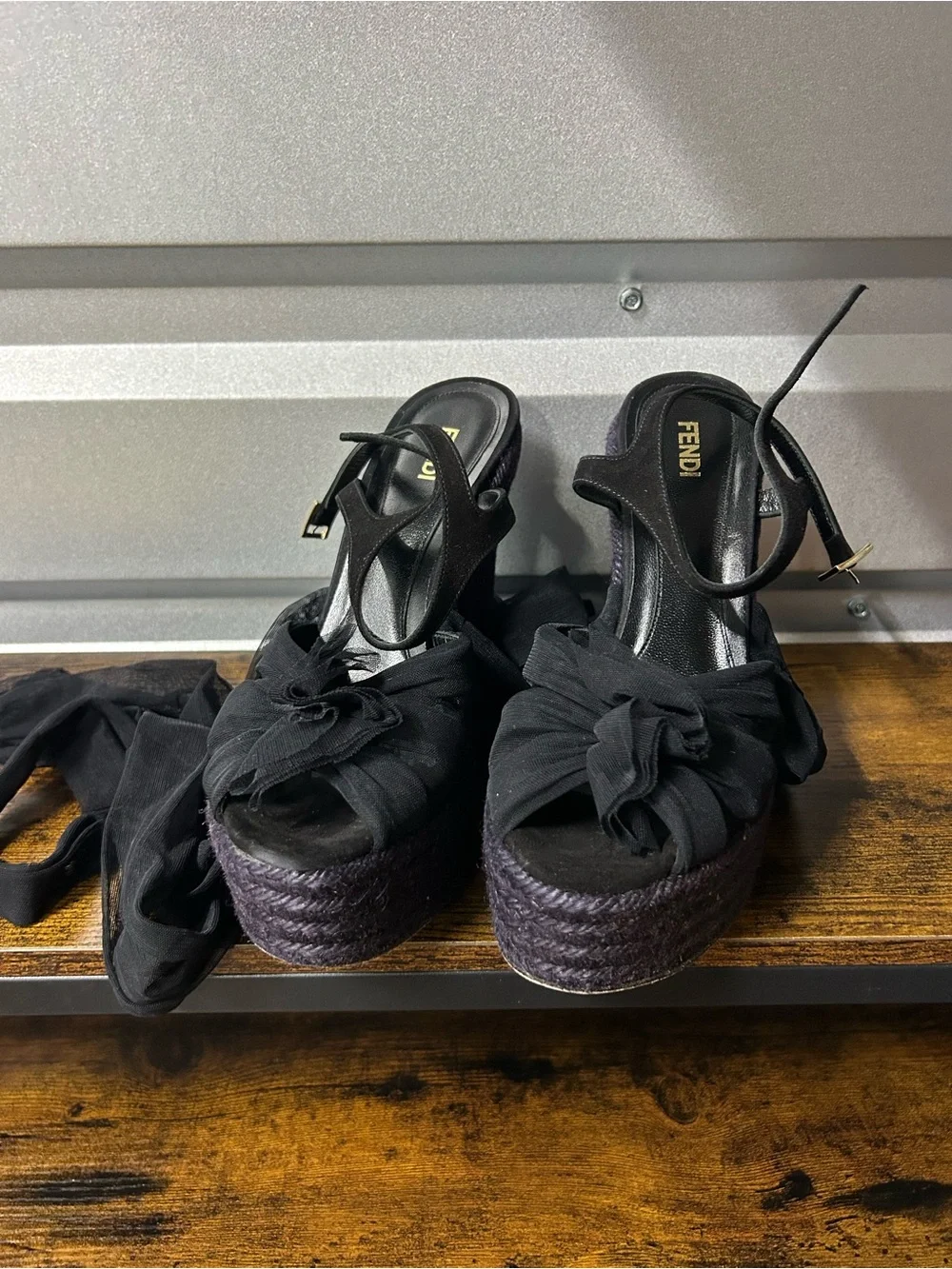 FENDI High Wedge Heels Sandals Black Textile Platform Pumps Sz EU 37.5 US 7.5